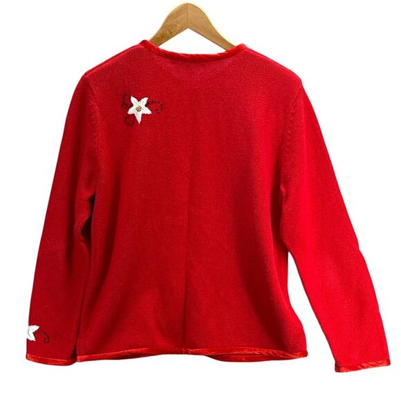 Mercer Street Studio Vintage Red White Beaded Poinsettia  Button Up Sweater M - Picture 2 of 7